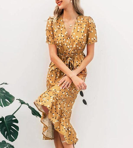 Polka Dot Ruffled Short Sleeve V-Neck Long Boho Puff Sleeve Midi Bodycon Dress-women-wanahavit-Yellow-L-wanahavit