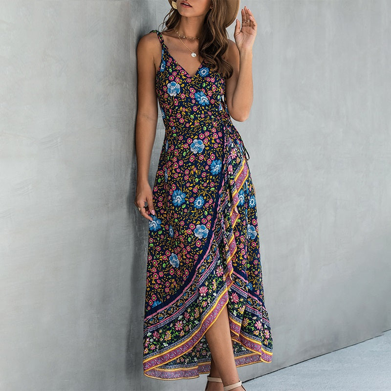 Ruffle Sleeveless Floral Print Wrap High Waist Strap Summer Maxi Boho Dress-women-wanahavit-Navy Blue-S-wanahavit