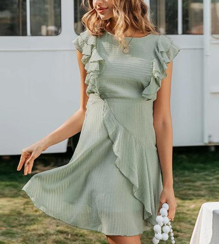 Ruffled O-Neck Sleeveless Casual A-Line Female High Waist Dress-women-wanahavit-Green-S-wanahavit