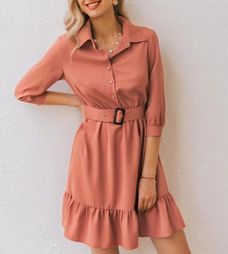 Ruffled Spring Three Quarter Sleeve Belt Office Retro O-neck A-line Summer Dress-women-wanahavit-Coral Red-M-wanahavit