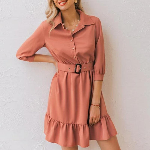 Load image into Gallery viewer, Ruffled Spring Three Quarter Sleeve Belt Office Retro O-neck A-line Summer Dress-women-wanahavit-Coral Red-M-wanahavit
