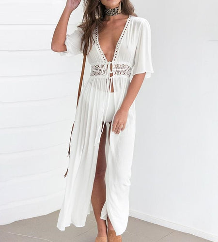 Sexy Deep V-Neck Summer Cardigan Coat Hollow Out Lace Up Beach Dress-women-wanahavit-White-S-wanahavit