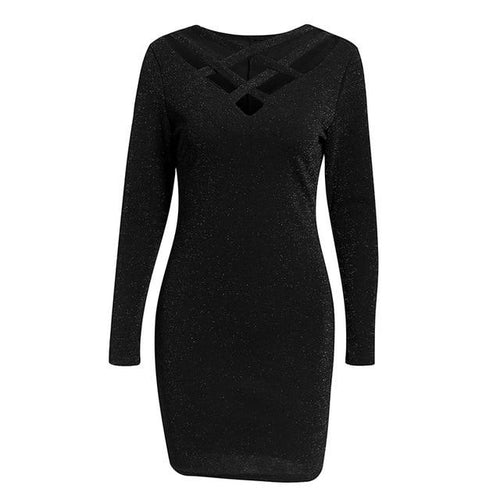 Load image into Gallery viewer, Sexy Evening Bodycon Solid Sequin Long Sleeve Cross Strap Summer Hollow Out Elastic V-neck Party Mini Dress
