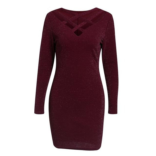 Sexy Evening Bodycon Solid Sequin Long Sleeve Cross Strap Summer Hollow Out Elastic V-neck Party Mini Dress