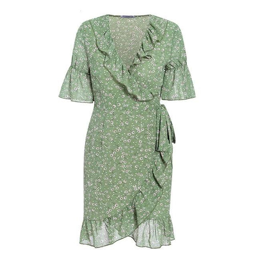 Load image into Gallery viewer, Sexy Floral Print Bohemian Ruffled Asymmetric Short Sleeve Mini Dress-women-wanahavit-Green-L-wanahavit
