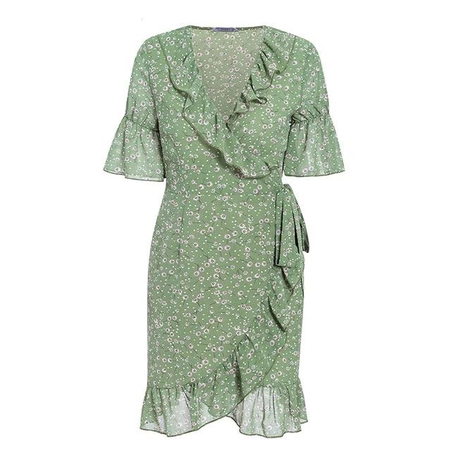 Sexy Floral Print Bohemian Ruffled Asymmetric Short Sleeve Mini Dress-women-wanahavit-Green-L-wanahavit