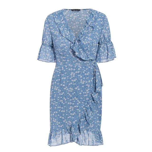 Sexy Floral Print Bohemian Ruffled Asymmetric Short Sleeve Mini Dress-women-wanahavit-Blue-M-wanahavit