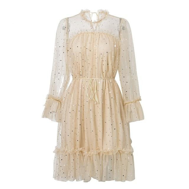 Sexy Hollow Out Party Star Sequin Ruffled Sash Loose Streetwear Night Club Summer Dress