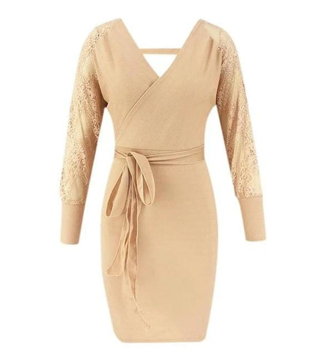 Sexy Hollow Out High Waist Lace V-Neck Lantern Elegant Office Bodycon Dress-women-wanahavit-Khaki-S-wanahavit