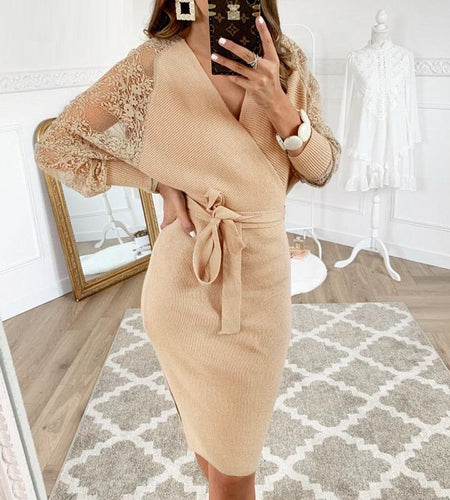 Sexy Hollow Out High Waist Lace V-Neck Lantern Elegant Office Bodycon Dress-women-wanahavit-Khaki-S-wanahavit