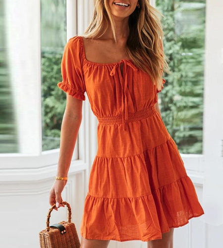 Sexy Lantern High Waist V-Neck Beach Summer Mini Dress-women-wanahavit-Orange-S-wanahavit