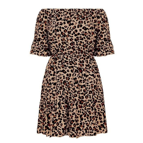 Load image into Gallery viewer, Sexy Off Shoulder Leopard Print Casual Ruffle A-line Summer Beach Mini Dress-women-wanahavit-Khaki-XL-wanahavit
