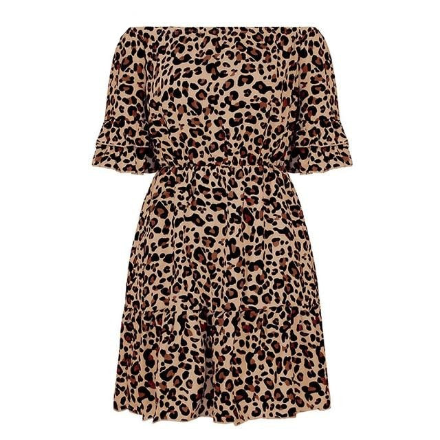 Sexy Off Shoulder Leopard Print Casual Ruffle A-line Summer Beach Mini Dress-women-wanahavit-Khaki-XL-wanahavit