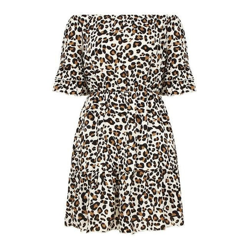 Load image into Gallery viewer, Sexy Off Shoulder Leopard Print Casual Ruffle A-line Summer Beach Mini Dress-women-wanahavit-White-XL-wanahavit
