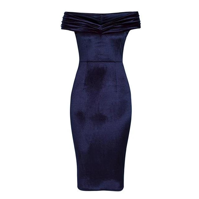 Sexy Off Shoulder Soft Velvet Elegant Office Bodycon Dress-women-wanahavit-Navy Blue-S-wanahavit