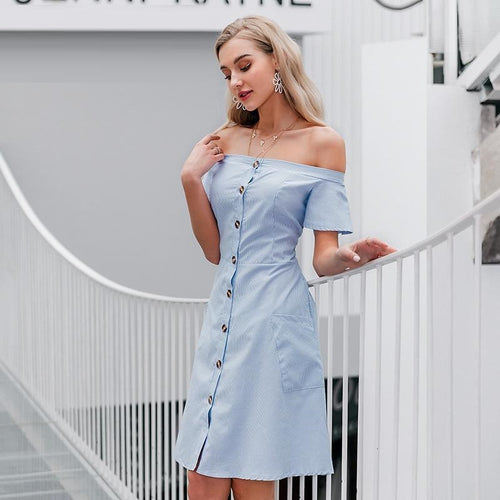 Load image into Gallery viewer, Sexy Off Shoulder Striped Elegant Office A-line Midi Dress-women-wanahavit-Sky blue-S-wanahavit
