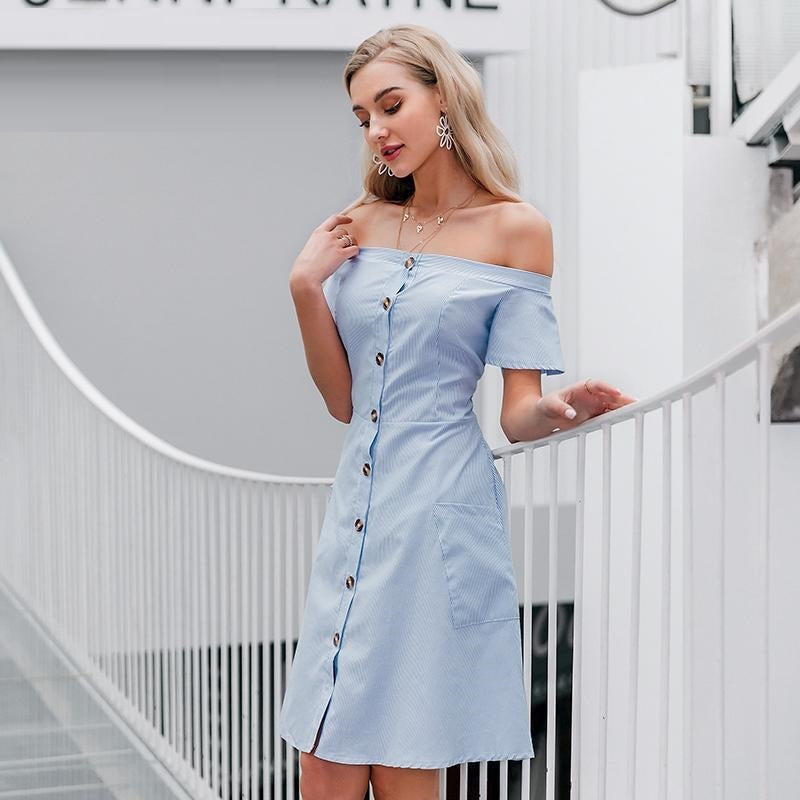 Sexy Off Shoulder Striped Elegant Office A-line Midi Dress-women-wanahavit-Sky blue-S-wanahavit