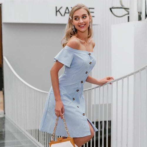 Load image into Gallery viewer, Sexy Off Shoulder Striped Elegant Office A-line Midi Dress-women-wanahavit-Sky blue-S-wanahavit
