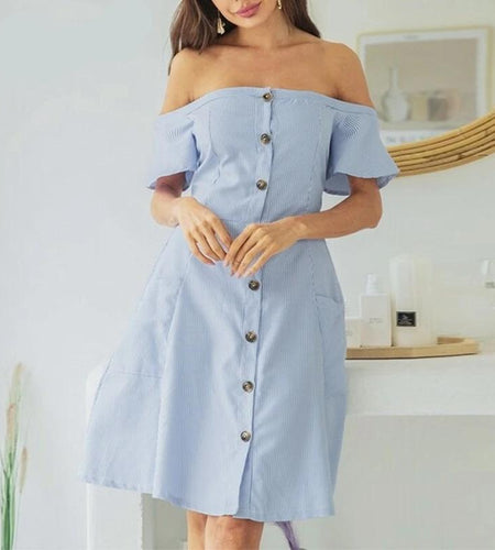 Sexy Off Shoulder Striped Elegant Office A-line Midi Dress-women-wanahavit-Sky blue-S-wanahavit