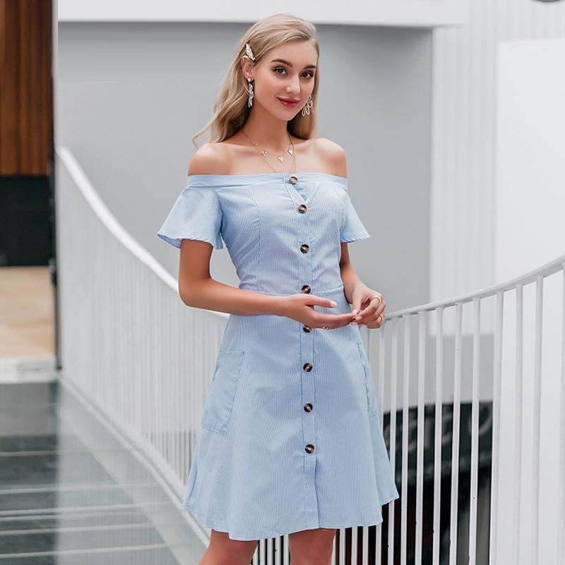 Sexy Off Shoulder Striped Elegant Office A-line Midi Dress-women-wanahavit-Sky blue-S-wanahavit