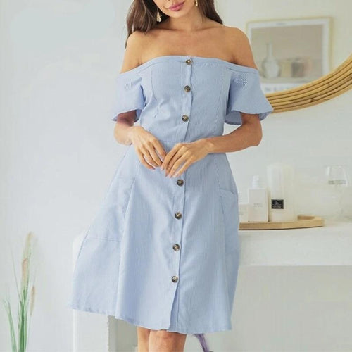 Load image into Gallery viewer, Sexy Off Shoulder Striped Elegant Office A-line Midi Dress-women-wanahavit-Sky blue-S-wanahavit
