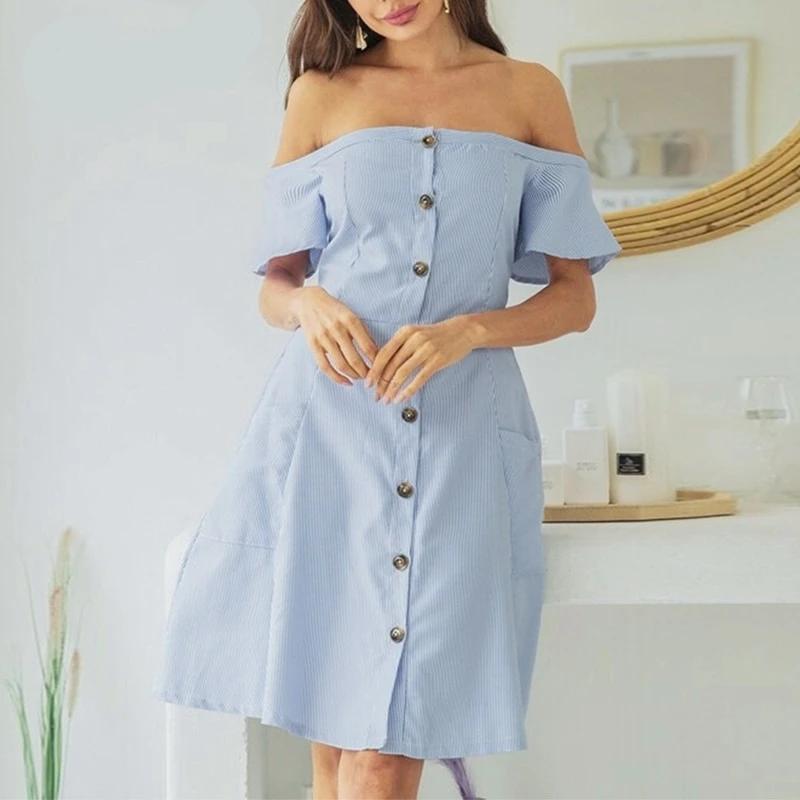 Sexy Off Shoulder Striped Elegant Office A-line Midi Dress-women-wanahavit-Sky blue-S-wanahavit