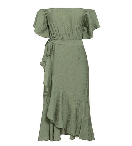 Sexy Off Shoulder Summer High Waist Ruffled Split Short Sleeve Long Dress-women-wanahavit-Green-S-wanahavit