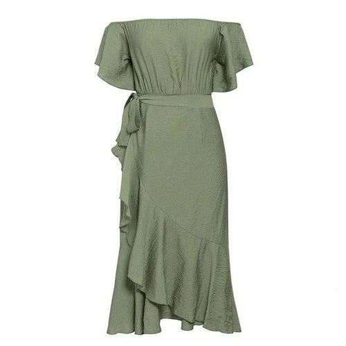Load image into Gallery viewer, Sexy Off Shoulder Summer High Waist Ruffled Split Short Sleeve Long Dress-women-wanahavit-Green-S-wanahavit
