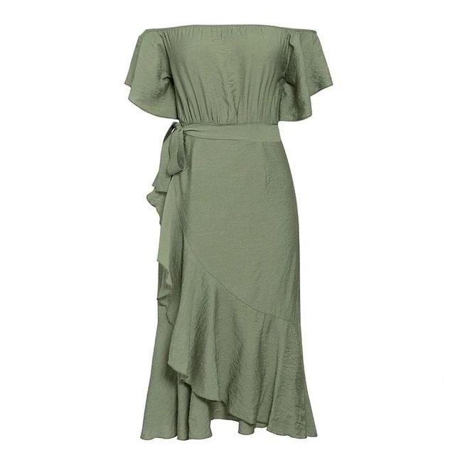 Sexy Off Shoulder Summer High Waist Ruffled Split Short Sleeve Long Dress-women-wanahavit-Green-S-wanahavit