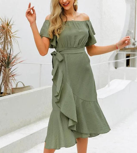 Sexy Off Shoulder Summer High Waist Ruffled Split Short Sleeve Long Dress-women-wanahavit-Green-S-wanahavit