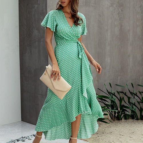Load image into Gallery viewer, Sexy Polka Dot Plus Size Ruffled High Waist V-neck Summer Dress-women-wanahavit-Green-S-wanahavit
