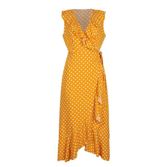 Sexy Polka Dot Sleeveless Ruffled High Waist Summer Casual V-neck Wrap Holiday Beach Wear Maxi Dress-women-wanahavit-Yellow-S-wanahavit