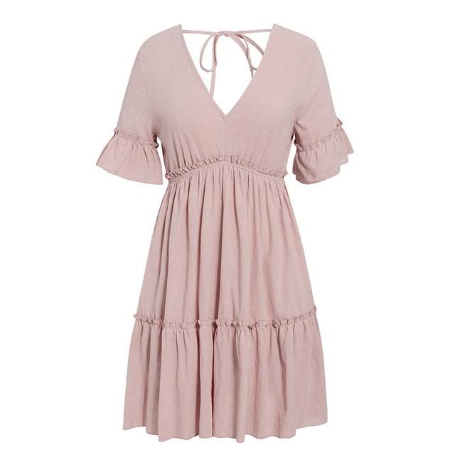 Simplee Sexy Ruffled Casual Cotton Soft Mini Dress-women-wanahavit-Pink-S-wanahavit