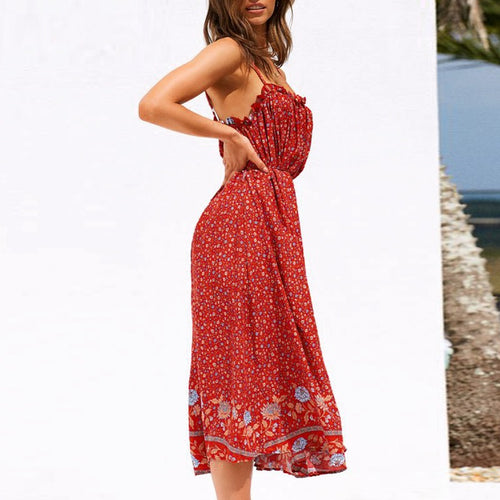 Load image into Gallery viewer, Sexy Sleeveless Floral Print Ruffled High Waist Beach Slim Fit Maxi Dress-women-wanahavit-Red-S-wanahavit
