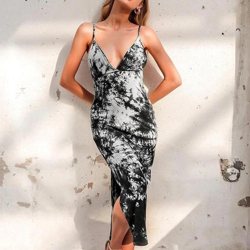 Load image into Gallery viewer, Sexy Tie Dye V-Neck Spaghetti Strap Midi Backless Dress-women-wanahavit-Black-S-wanahavit
