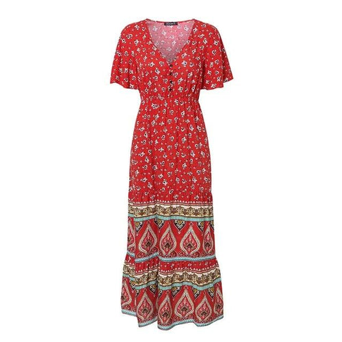 Load image into Gallery viewer, Sexy V-neck Bohemian Summer Floral Print Button Ruffle Sleeve Long Dress-women-wanahavit-Red-S-wanahavit
