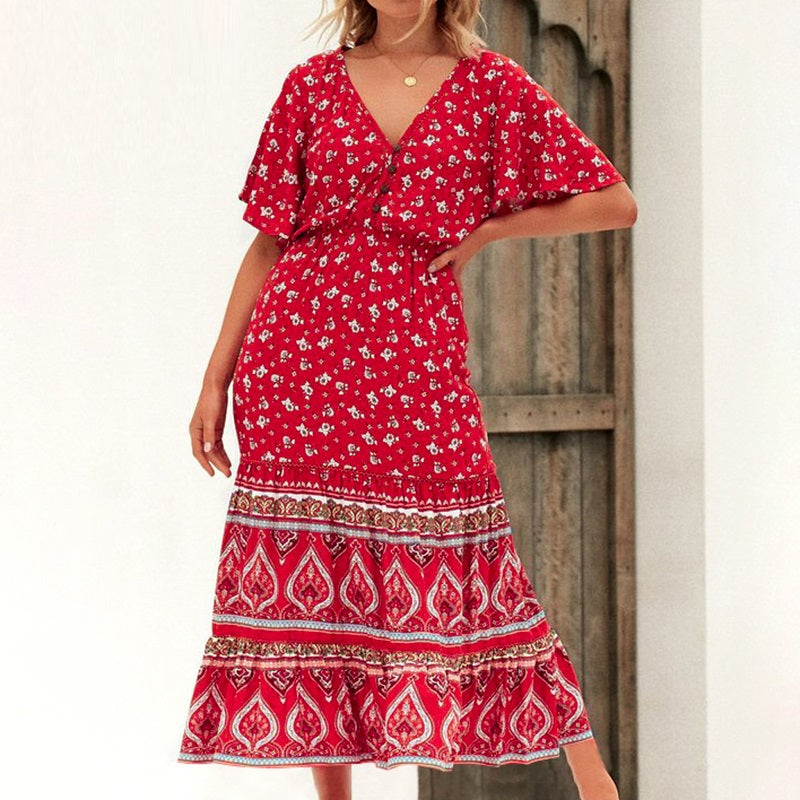 Sexy V-neck Bohemian Summer Floral Print Button Ruffle Sleeve Long Dress-women-wanahavit-Orange-S-wanahavit