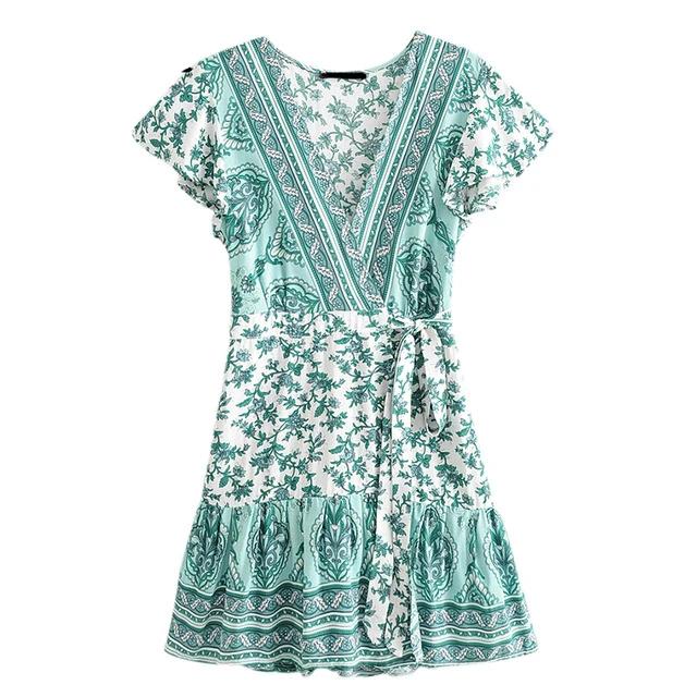 Sexy V-neck Bohemian Summer A-line Floral Print Mini Dress-women-wanahavit-Green-S-wanahavit