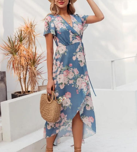 Sexy V-neck Floral Print Wrap Beach Boho Slim Fit Dress-women-wanahavit-Blue-S-wanahavit