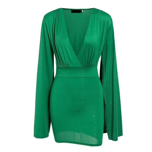 Sexy V-neck Cloak Solid Bodycon Shawl Sleeveless Celebrity Dress-women-wanahavit-Green-XL-wanahavit