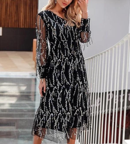 Sexy V-Neck Evening Mesh Long Sleeve Sequin Maxi Party Dress-women-wanahavit-Black-S-wanahavit
