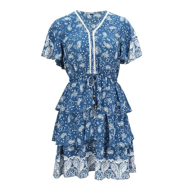 Sexy V-neck Floral Print Ruched Summer Cotton Short Boho Dress-women-wanahavit-Blue-S-wanahavit