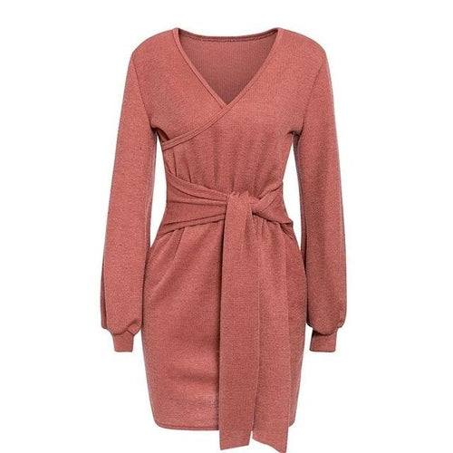 Load image into Gallery viewer, Sexy V-Neck Knitted Elegant Solid Lantern Bow Belt Sweater Dress-women-wanahavit-Coral Red-XL-wanahavit
