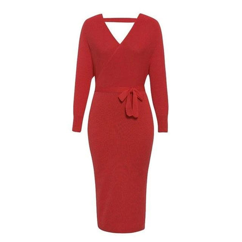 Load image into Gallery viewer, Sexy V-Neck Knitted Solid High Waist Sheath Autumn Elegant Belt Office Dress-women-wanahavit-Red-M-wanahavit
