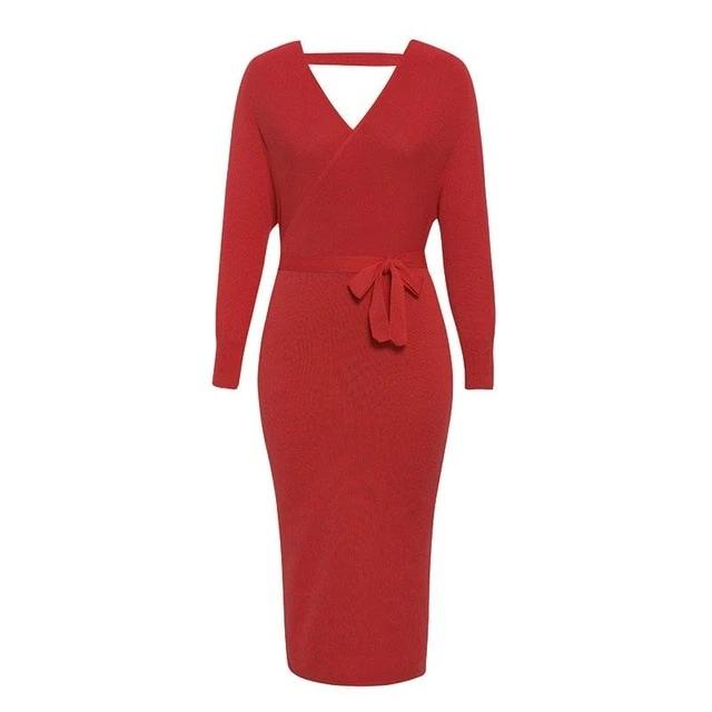 Sexy V-Neck Knitted Solid High Waist Sheath Autumn Elegant Belt Office Dress-women-wanahavit-Red-M-wanahavit