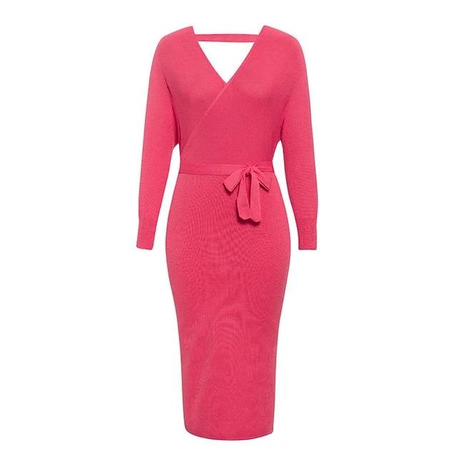 Sexy V-Neck Knitted Solid High Waist Sheath Autumn Elegant Belt Office Dress-women-wanahavit-Pink-M-wanahavit