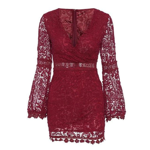 Load image into Gallery viewer, Sexy V-Neck Hollow Out A-Line Spring Summer Elegant Bodycon Lace Dress-women-wanahavit-Burgundy-S-wanahavit

