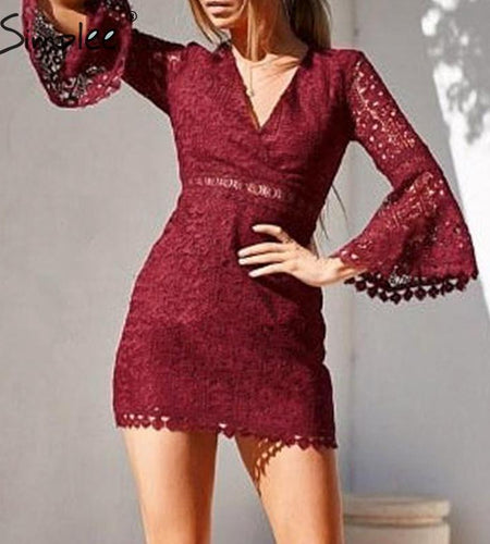 Sexy V-Neck Hollow Out A-Line Spring Summer Elegant Bodycon Lace Dress-women-wanahavit-Burgundy-S-wanahavit