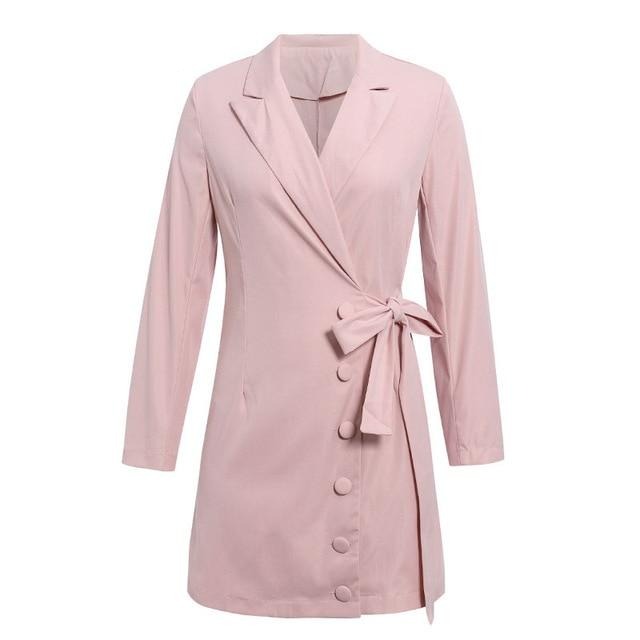 Sexy V-neck Office Wrap High Waist Buttons Solid Spring Blazer Long Sleeve Lapel Strap Bodycon Dress-women-wanahavit-Pink-S-wanahavit