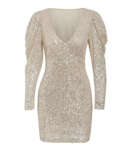 Sexy V-Neck Party Long Sleeve Bodycon Sequined Mini Dress-women-wanahavit-Beige-S-wanahavit